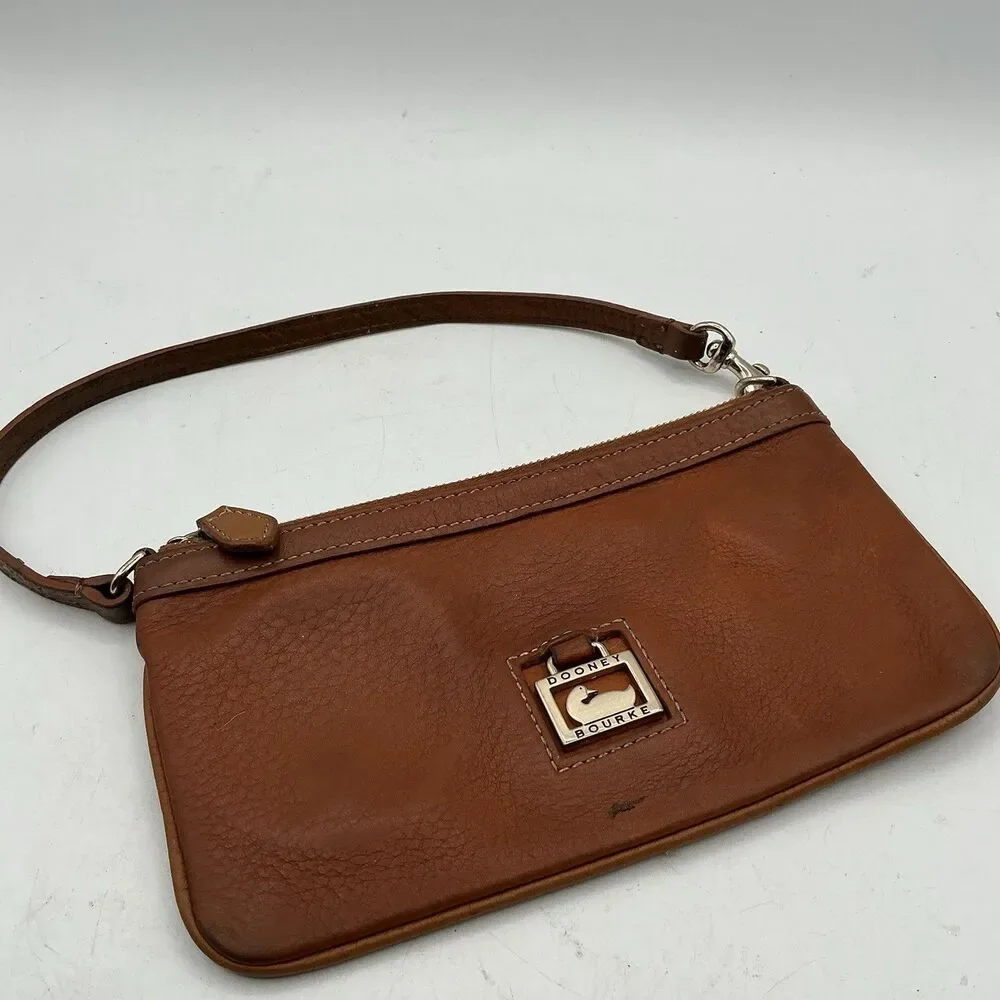 Dooney & Bourke Brown Leather Wristlet Clutch Logo Zip Top Small Purse